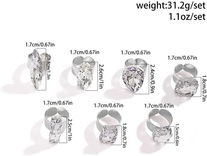 Uarein Chunky 7Pcs Silver Crystal Knuckle Rings Set Geometric Rhinestone Waterdrop Open Rings Stackable CZ Circle Square Finger Rings Jewelry Set for Women - Image 3